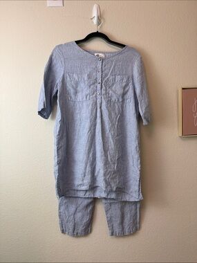 Andrea Jovine Light Blue 100% Linen Tunic and Pants Set Size Medium